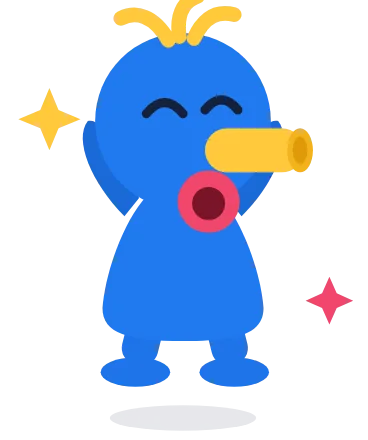Doug the Dodo, a blue dodo with a yellow beak, cheering