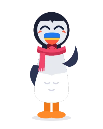 Pico the puffin in a red scarf, waving
