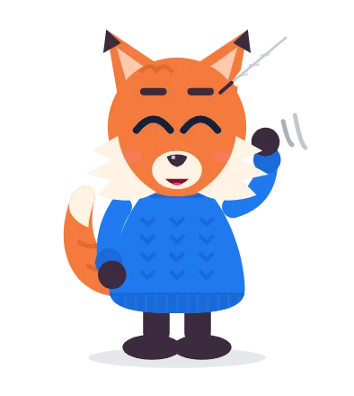 Vixie the fox in a blue sweater, waving