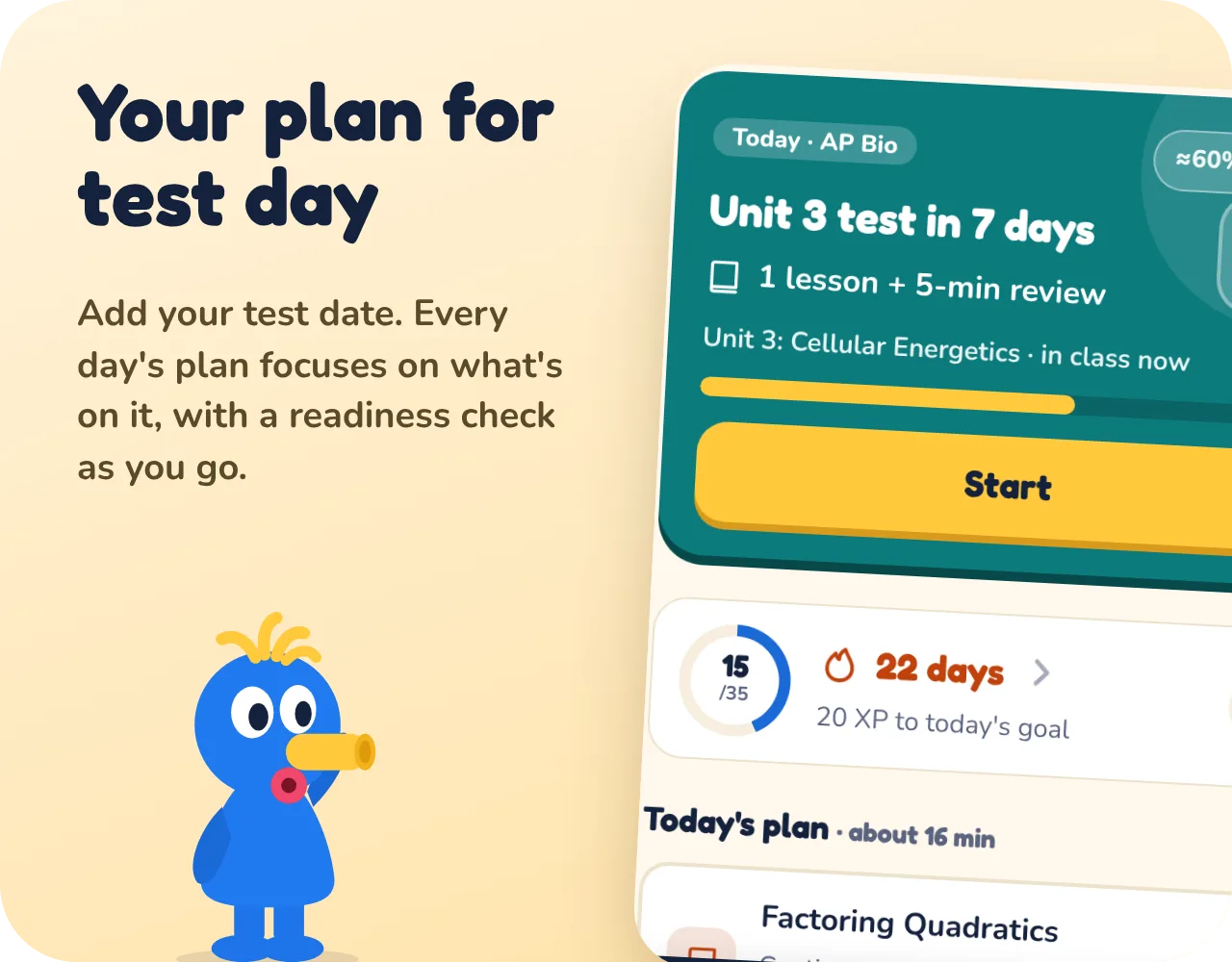 Your plan for test day: the Home screen's Today card for a Unit 3 test on Friday, a few days away, with Doug the Dodo.