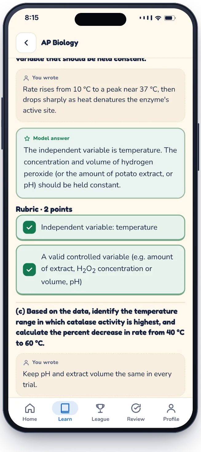 AP Biology free-response practice: the student's written answers beside a model answer, with rubric points checked off.
