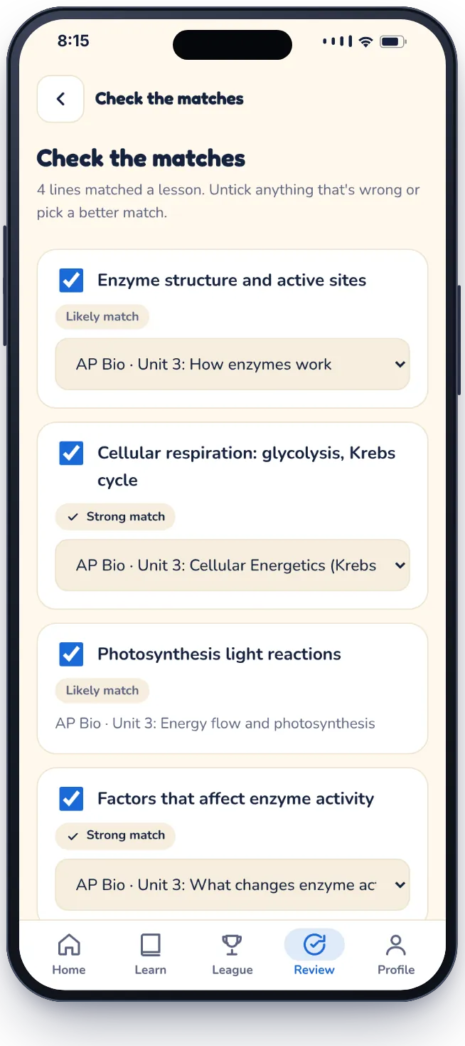Match my study guide: four lines from a review sheet, each matched to an AP Bio Unit 3 lesson, marked as a strong or likely match.