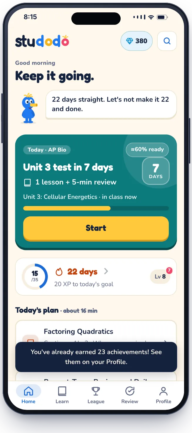Home screen: Doug says 22 days straight; a Today card for the AP Bio Unit 3 test on Friday, a few days away, about 60% ready, with 1 lesson and a 5-minute review; today's plan below.