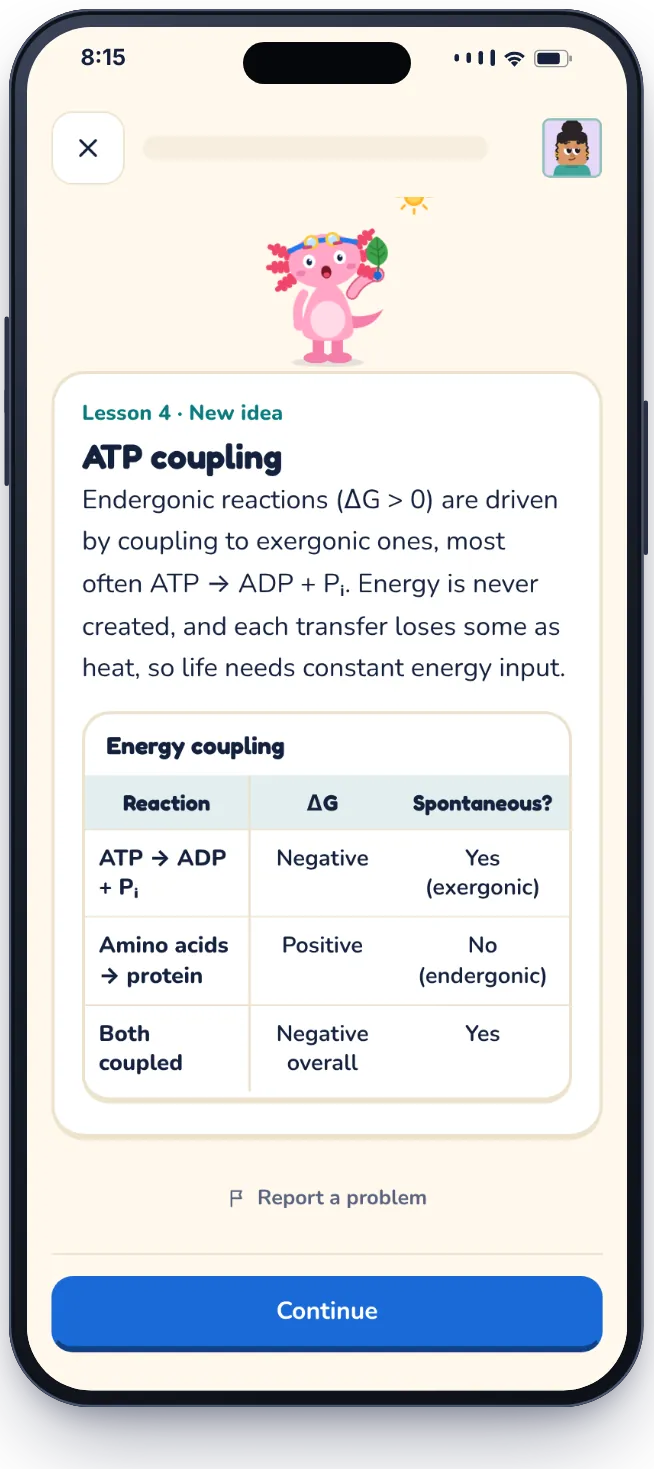 An AP Biology lesson card titled ATP coupling, with a table of reactions and their energy changes, taught by Lotl the axolotl.